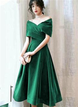 Picture of Green Velvet Off Shoulder Tea Length Party Dress, Green Bridesmaid Dress Formal Dress